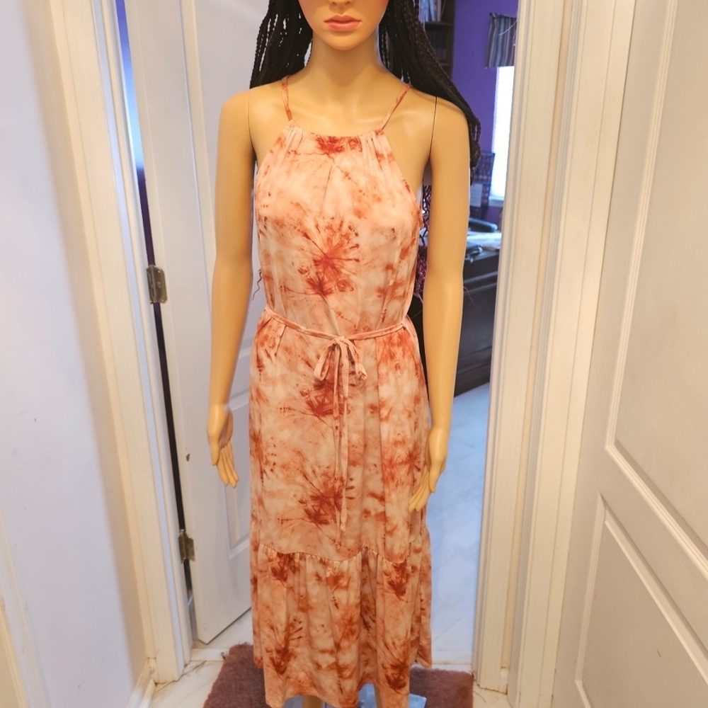Gilli Rust Pink Tie-Dye Maxi Dress with Waist Tie